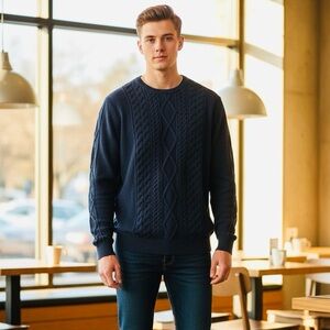 NWT Nautica Men's Blue Cable Knit Crewneck Sweater 100% cotton Size L